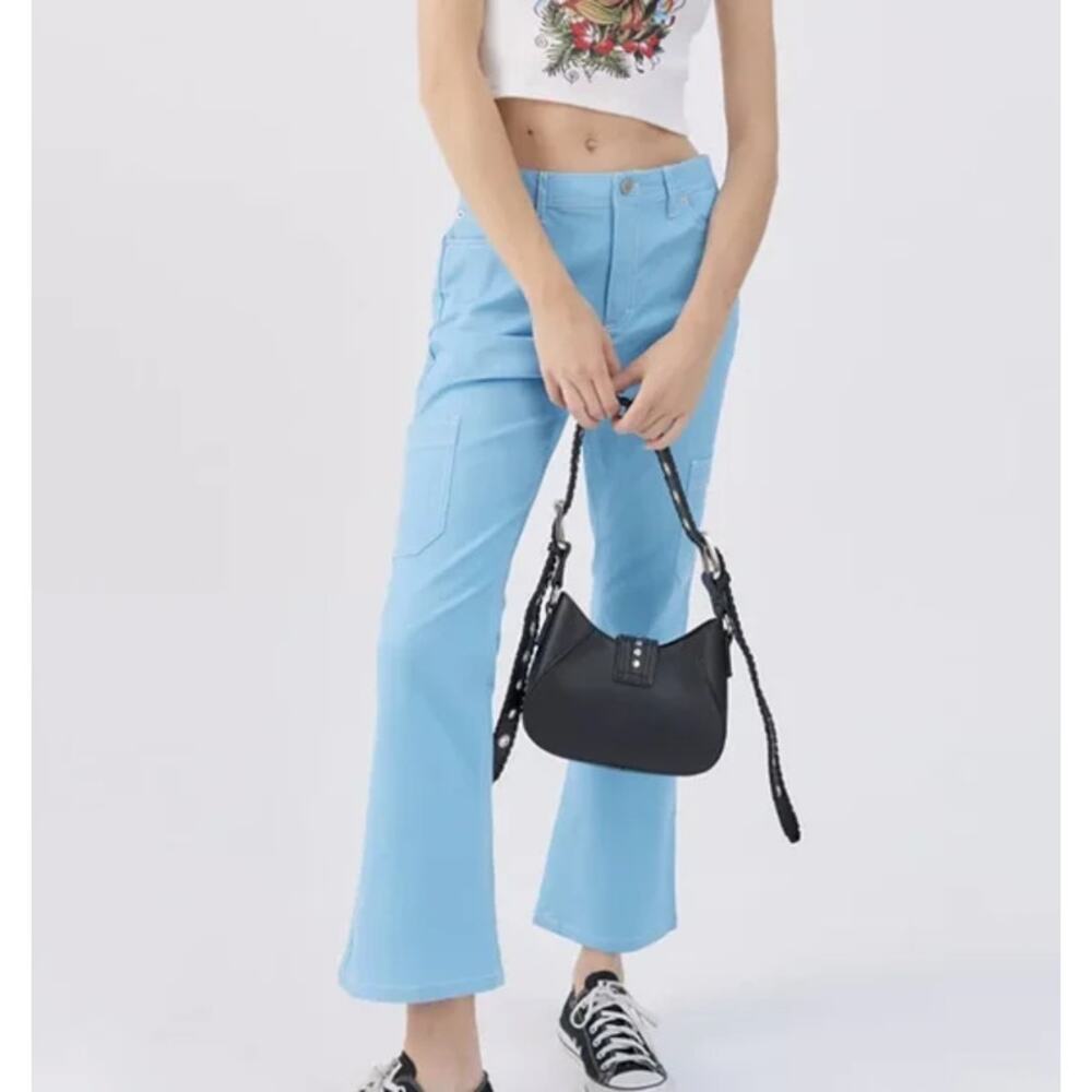 Urban Outfitters BDG‎ Lia Blue Twill Contrast Stitch Flare Cargo Pants Sz 4 NWOT